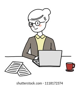 Cute businesswoman working on laptop. Paperwork and coffee cup displayed on desk. Woman with eyeglasses looking at report and typing document accordingly. Vector illustration with hand-drawn style.