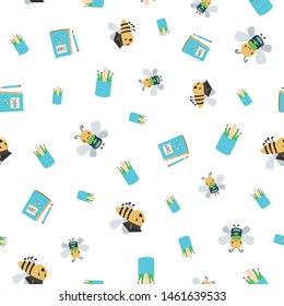 Cute busy bees with books, bags and pencils going back to school design. Seamless vector pattern on white background. Great for children, preschool, kindergarten, education, school , stationery