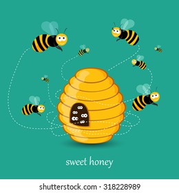 Cute Busy Bees Flying Around A Bee Hive Flat Illustration In Vector