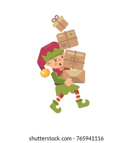 Cute busy Christmas elf carrying parcels with presents for kids. Holiday character flat illustration