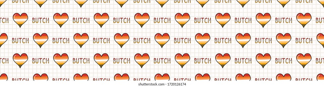 Cute butch lesbian heart with text cartoon seamless vector border. Hand drawn isolated pride for LGBTQ blog. Gay love on stripe background all over print. Masculine female community tolerance tile. 