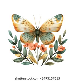 cute buterfly and flower vector illustration in watercolour style