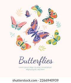 Cute butterflies banner  Insects   symbol spring   summer seasons  Tenderness  aesthetics   elegance  beauty  Wildlife   nature  Cartoon flat vector illustration