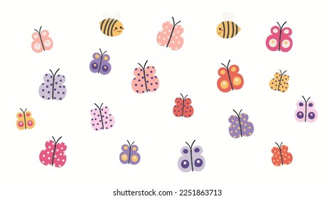 Cute butterflies, bees clipart collection, isolated on white. Hand drawn vector illustration. Scandinavian style flat design. Spring, summer insects elements set