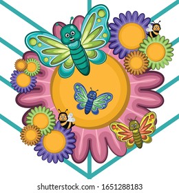 Cute butterflies and bees over a floral frame - Vector