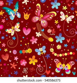 cute butterflies beetles flowers nature seamless pattern
