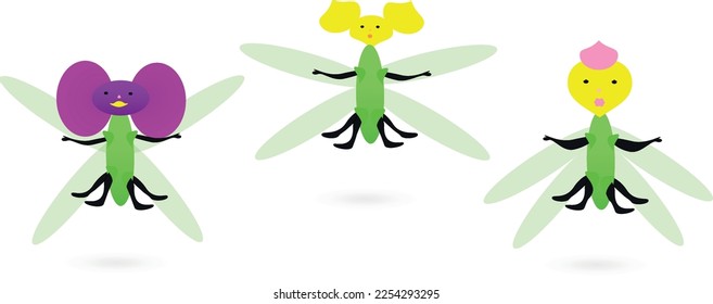 Mariposas o bichos, libélula, saltamontes, cigarras o garras. Personajes de dibujos animados de estilo plano. Ilustración vectorial aislada en blanco.