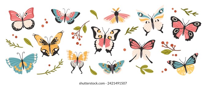 Cute butterflies. Cartoon butterfly, color summer moths in flight. Beautiful exotic tropical insects with wings. Flying butterflies Isolated vector set. Colorful fauna creatures and natural elements