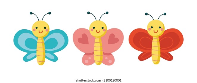 Cute butterflies. Cartoon characters in flat style. Vector illustration isolated on a white.