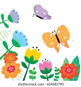 Cute butterflies with colorful flowers vector.