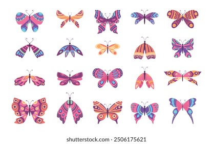 Cute butterflies. Decorative spring butterfly colorful wings. Monarch, moth and dragonfly. Tropical beautiful floral insect flat vector set. Spring monarch and butterfly, insect animal illustration on