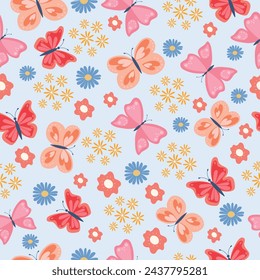 Cute butterflies with flowers. Seamless spring and summer pattern. Vector.