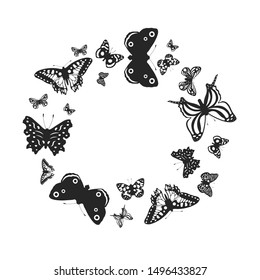 Cute butterflies frame. Vector isolated illustration of gorgeous butterfly wreath for wedding decoration. Exotic monarch border.