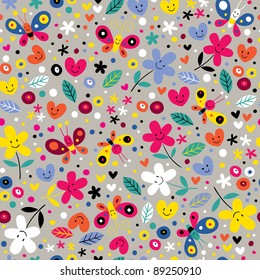 cute butterflies, hearts and flowers seamless pattern