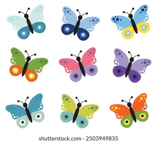 Cute butterflies kids cartoon collection. Vector illustration isolated on white background. Color insect clipart. Baby shower design elements. Party invitation, birthday celebration.Spring, summer art