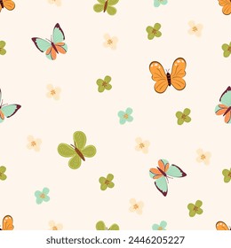 Cute butterflies on a seamless spring background. Mother's day, birthday. Template for textile, wallpaper, packaging, cover