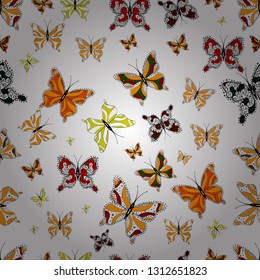 Cute butterflies on yellow, black and white. Seamless background of colorful butterflies. Vector illustration. Nice background for wrappers and wallpaper, design of fabric, paper.