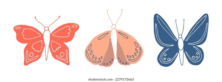 Cute butterflies in peach, red and blue colors isolated on white background. Hand drawn cartoon style childish bright butterflies. Vector illustration.