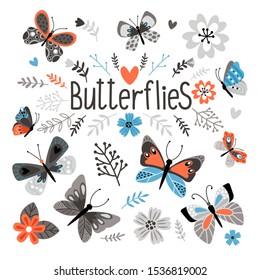 Cute butterflies and pretty flowers. Printed textile elements, spring garden beautiful naive style flora and insects vector signs isolated on white background