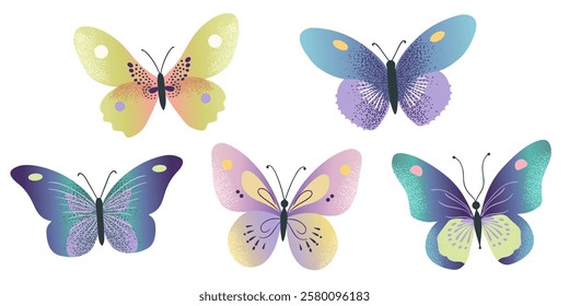 Cute butterflies in purple, yellow colors. Spring and summer elements. Hand drawn illustration.