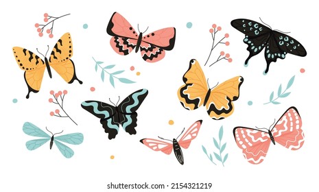 Cute butterflies set. Collection of stickers for social networks and graphic elements to decorate website. Spring season and insects. Cartoon flat vector illustrations isolated on white background