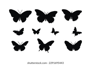 Cute butterflies silhouette set vector on a white background. Butterfly icons and silhouette collection. Beautiful monarch butterfly flying in different positions. Butterfly silhouette set design.