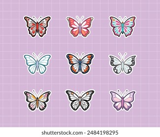 Cute butterflies sticker collection. Set of decorative abstract butterflies or moths. Vector illustration