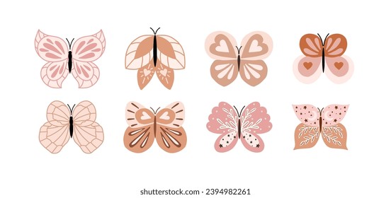 Mariposas cortas, colección dibujada a mano vectorial establecida en fondo blanco aislado. Ilustraciones de vector dibujadas a mano para el bebé. Hermosas mariposas boho para niños