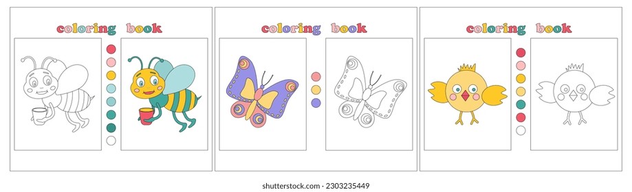 Cute butterfly, bee and chicken. Drawing for coloring. Coloring book page template for kids. Coloring book with flower samples for youngest. Children Education. Vector