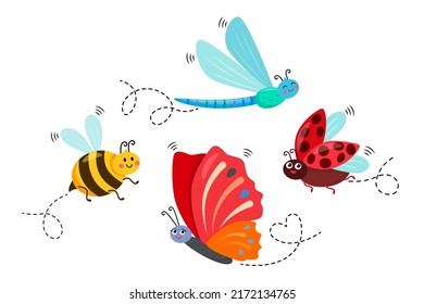 cute butterfly, bee, dragonfly and ladybug are flying and smiling. baby vector illustration isolated on white background