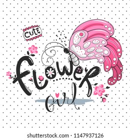 Cute butterfly with big wings and text "flower girl" on polka dot background illustration vector.