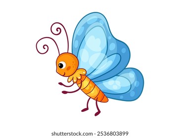 Cute butterfly with blue wings on a white background. Vector illustration with insect in cartoon style.