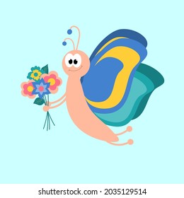 Cute butterfly with a bouquet of flowers. Cartoon character. Isolated illustration for design.