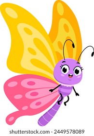 Cute Butterfly Cartoon Character Flying. Vector Hand Drawn Illustration Isolated On Transparent Background