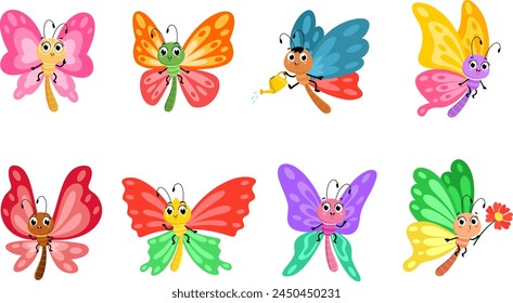Cute Butterfly Cartoon Characters. Vector Flat Design Collection Set Isolated On Transparent Background