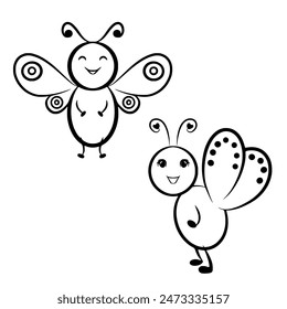 Cute Butterfly Cartoon Outline Set Graphic Illustration, boy and girl