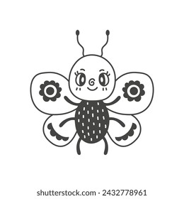 Cute butterfly character doodle illustration. Kawaii hand drawn vector moth with wings. Isolated black line art insect on white background for kids baby