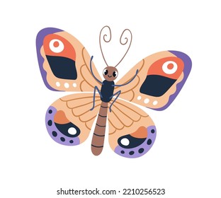 Cute butterfly character. Happy funny beautiful insect with positive face expression. Fairytale tropical moth with wings flying. Childish flat vector illustration isolated on white background