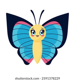 Cute butterfly character in manga anime style. Butterfly cartoon with big cute anime eyes with sparkles and long lashes. Vector illustration