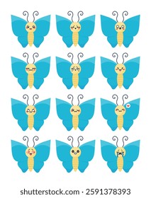 Cute butterfly character manga emoji set. Butterfly cartoon mascot emoji icons. Vector illustration