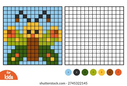 Cute butterfly character. Pixel color by number page for kids. Educational activity for preschool and kindergarten children to learn numbers and colors. Simple square grid design