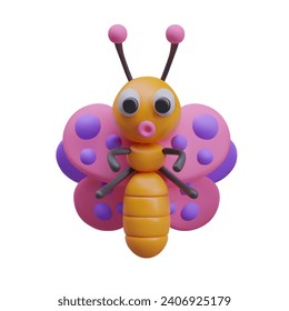 Cute butterfly in children style, front view. Funny mascot. Naive friendly face. Insect with large pink wings. Creature that feeds on nectar. Web cheerful design