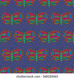 Cute butterfly with colorful bright ornament seamless pattern on a violet background. Vector illustration