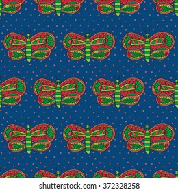 Cute butterfly with colorful bright ornament seamless pattern on a dark blue background. Vector illustration