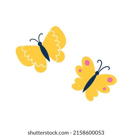 Cute butterfly concept. Beautiful insects with bright yellow wings with patterns and lines. Wild animals. Design for Easter pattern. Cartoon flat vector illustration isolated on white background