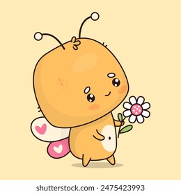 Cute butterfly with daisy flower. Funny cartoon insect kawaii character. Vector illustration. Kids collection