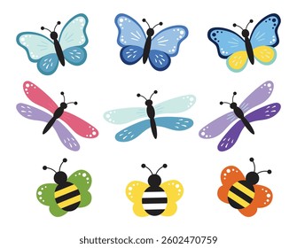 Cute butterfly, dragonfly, bee collection, kids cartoon vector. Illustration isolated on white background. Color insect clipart. Baby shower design elements. Party invitation, birthday celebration