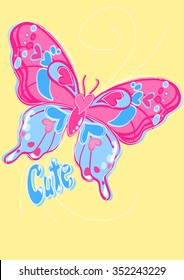 Cute butterfly embroidery on a yellow background.
