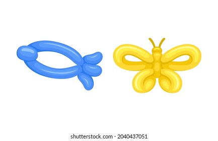 Cute butterfly, fish animals made from inflatable balloons set cartoon vector illustration
