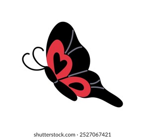 Lindas moscas de mariposa con símbolo de amor, forma de corazón en las alas. Icono de polilla con rojo y negro. Hermoso insecto volador con antenas adhesivas. Ilustración vectorial aislada plana sobre fondo blanco